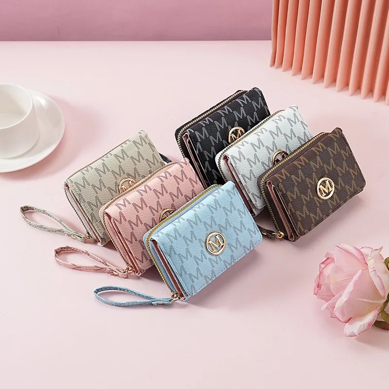 Women'S Bag - 三つ折りジッパーウォレット、レターパターン入り、スタイリッシュなマルチカラーカードホルダーとリストストラップ付き、女性用のおしゃれな普段使い財布*