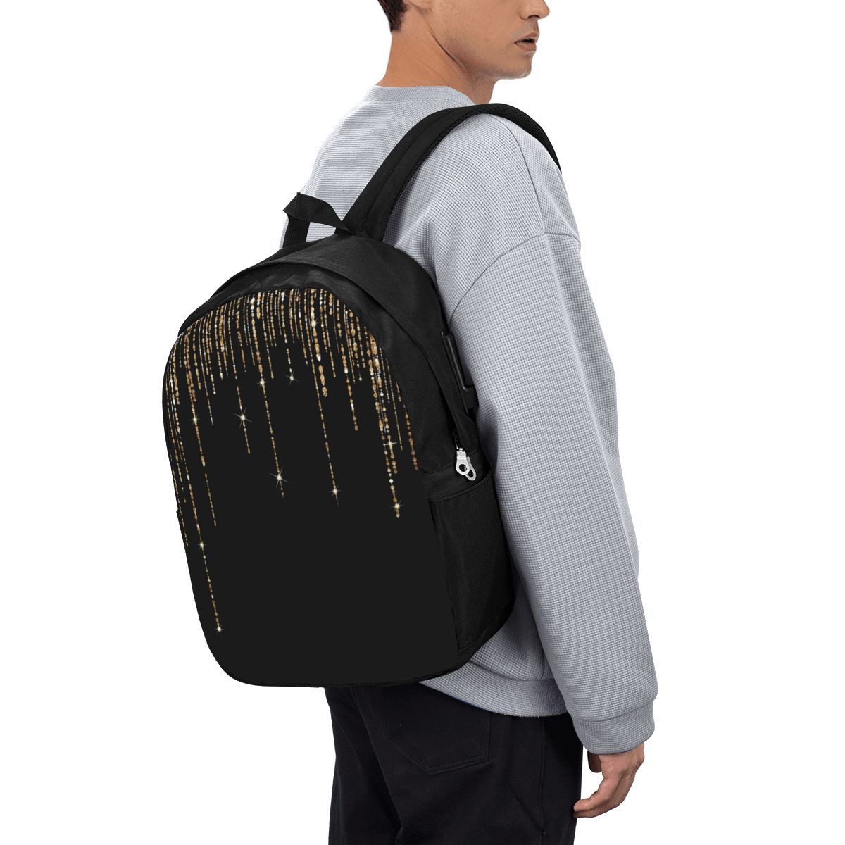 Women Bags For Laptop - ブラックとゴールドのグリッターパターンバックパック旅行ノートブックバッグコンピュータ大学生スクールバッグラップトップショルダーバッグ男性女性用