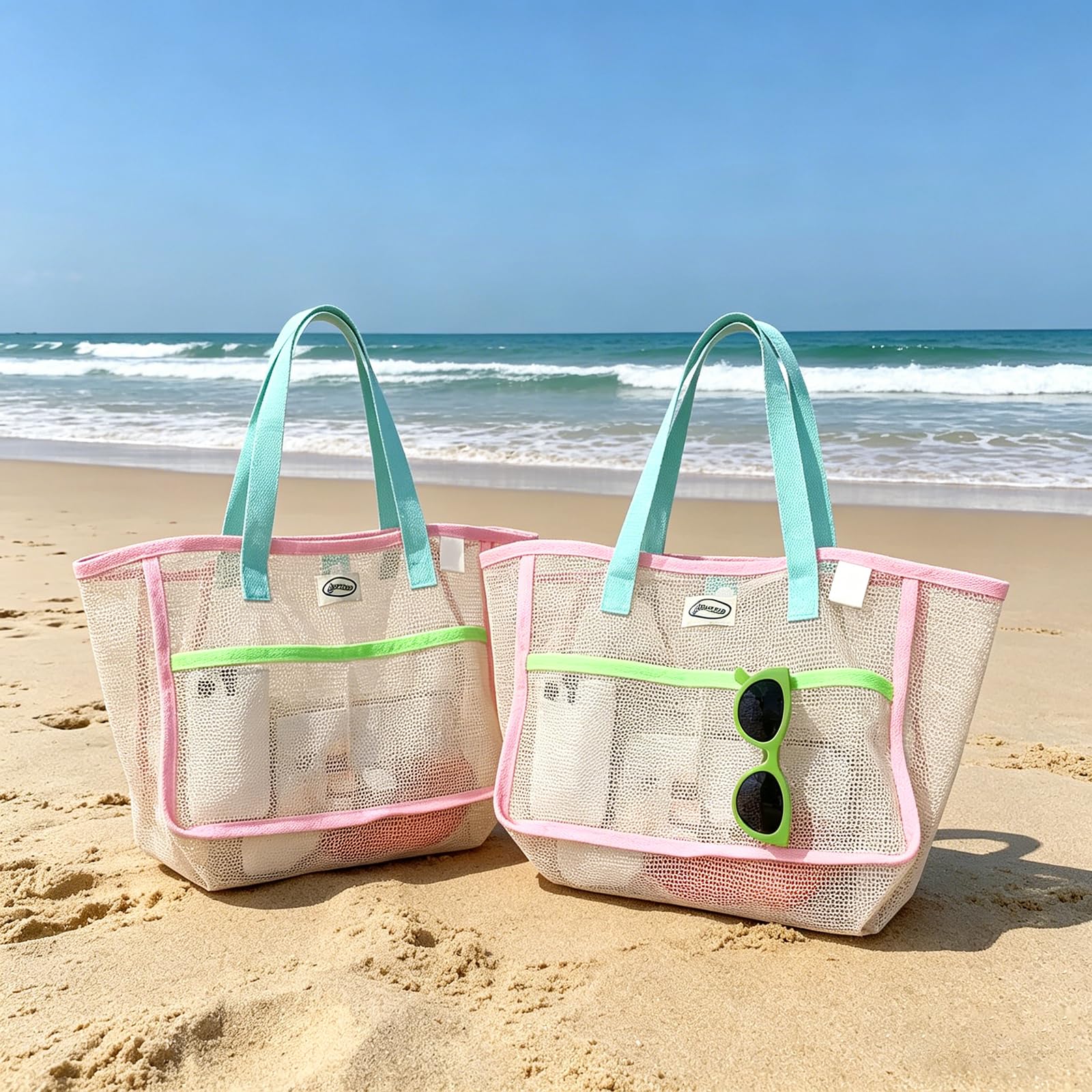 Women'S Bag - 女性用ビーチバッグ カラフルな折りたたみ式ネットサンドトートバッグ 旅行用プール収納ポケット ビーチアクセサリー用