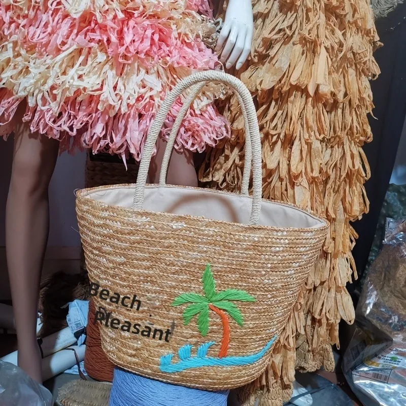 手作り刺繍入り麦わらバッグ ラタンフラミンゴ 大容量ビーチ女 - Women Bags Manufacturer のレビューと価格