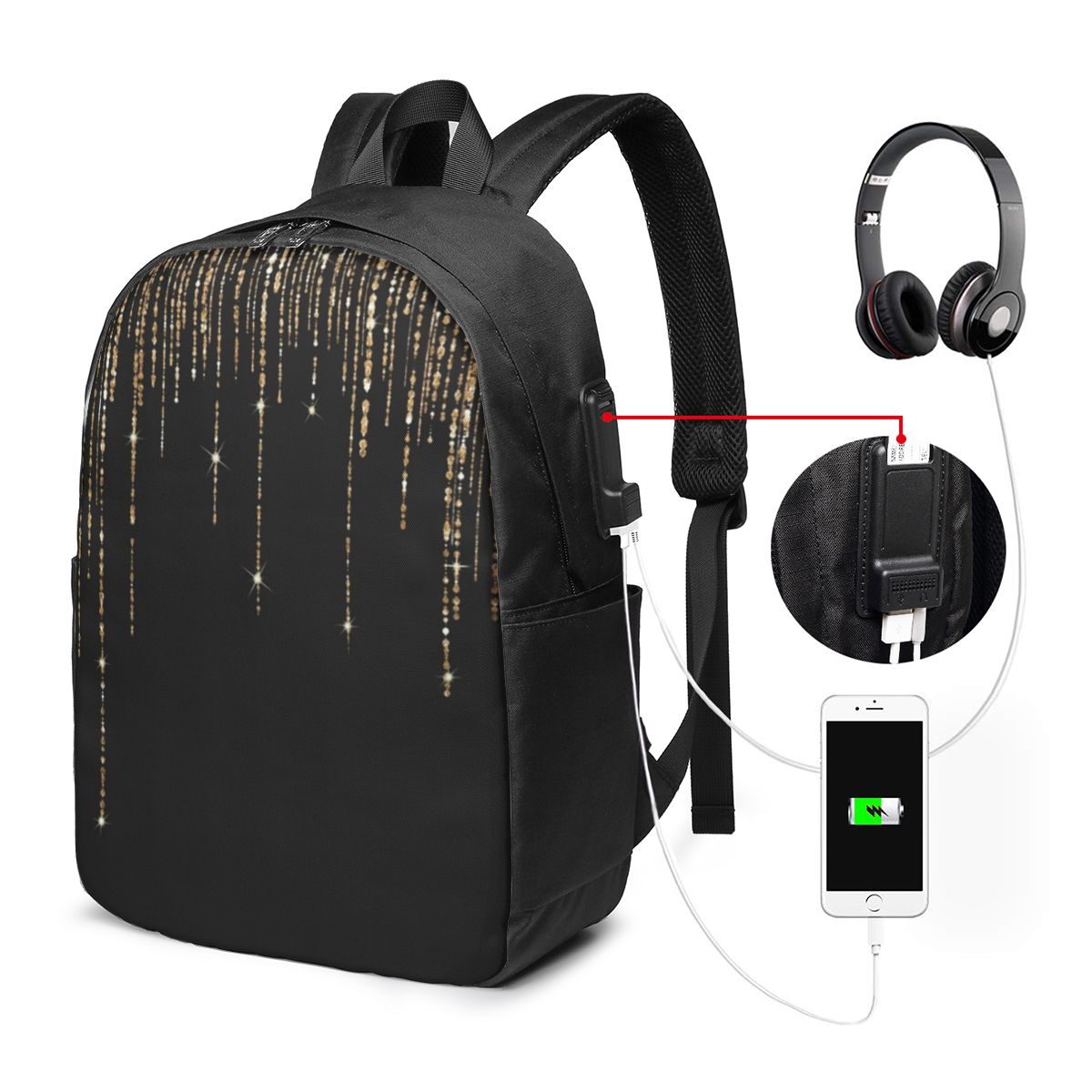 ブラックとゴールドのグリッターパターンバックパック旅行ノート - Women Bags For Laptop のレビューと価格